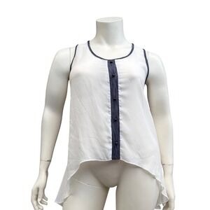 UK2LA Sleeveless High-Low Top Y2K Style Sheer White Navy Trim Boho Festival L